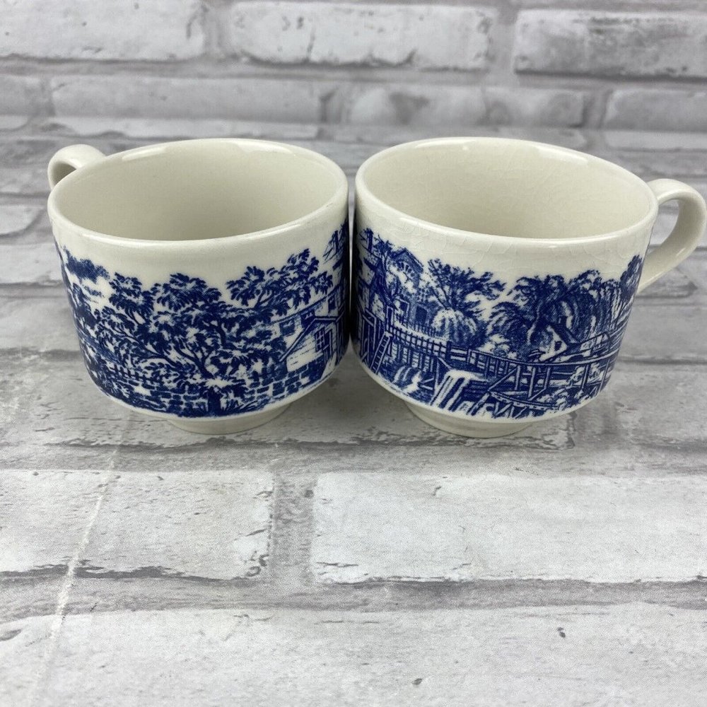 Churchill England Set of 2 Cups Mugs Mill Dam Blue White Currier & Ives